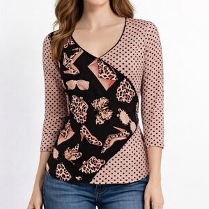 JESSICA MAX Y2k Pink Polka Dot Leopard Print Fashionista V-Neck Blouse